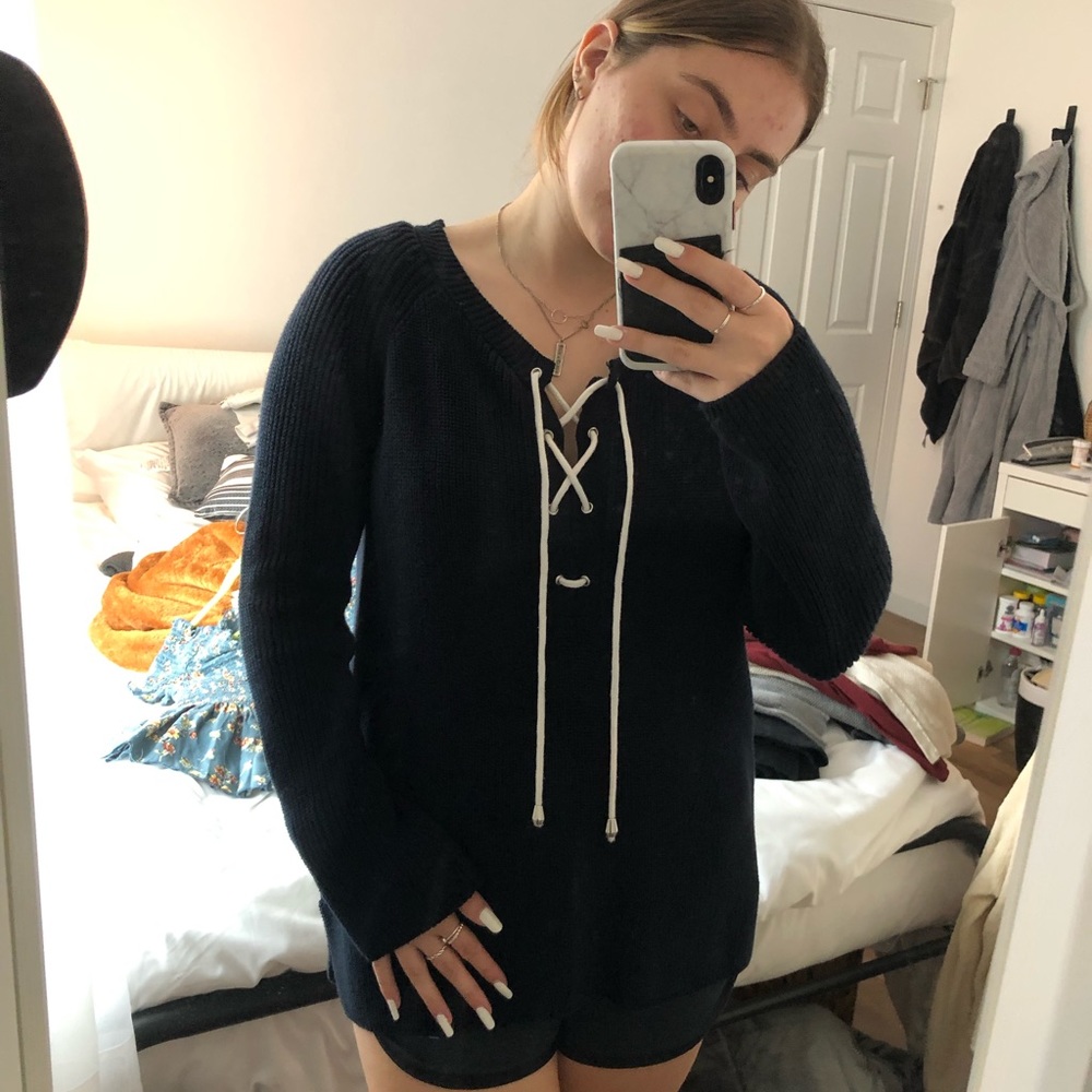 525 America Navy Sweater with White Lace Up